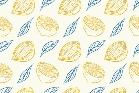 Seamless pattern with line art style lemon on beige background. Perfect for Stock Illustration