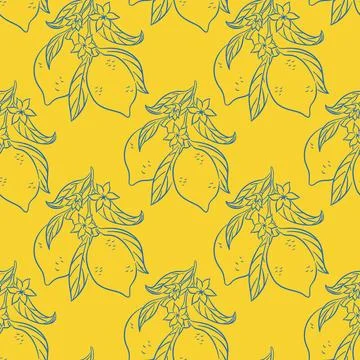 Seamless pattern with line art style lemon on branch with flower. Perfect for Stock Illustration
