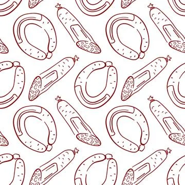 Seamless pattern with line art style sausage and salami on white background Stock Illustration