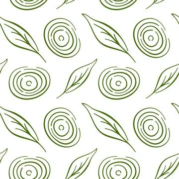 Seamless pattern with line art style onion ring and herb leaf on white Stock Illustration