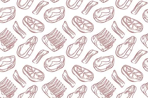 Seamless pattern of line art style steak, bacon, ribs and meat cut on white Stock Illustration