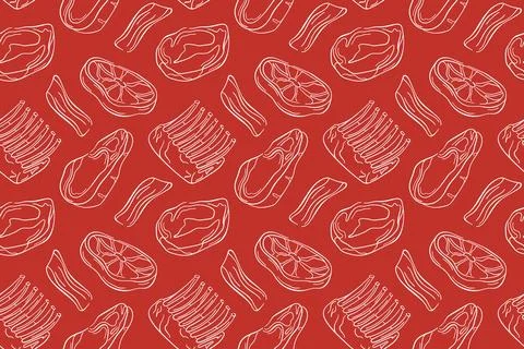 Seamless pattern of line art style steak, bacon, ribs and meat cut on red Stock Illustration
