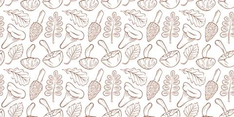 Seamless pattern of line art style mushroom and leaf on white background Stock Illustration