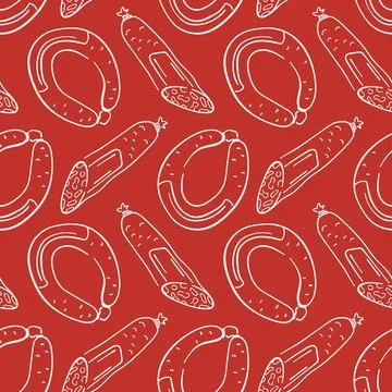 Seamless pattern with line art style sausage and salami on red background Stock Illustration