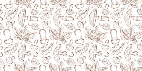 Seamless pattern of line art style mushroom Trumpet, Fly Agaric, Destroying Stock Illustration