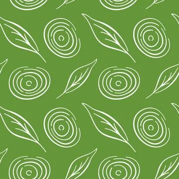 Seamless pattern with line art style onion ring and herb leaves on green Stock Illustration