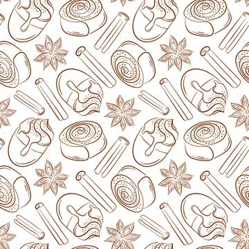 Seamless pattern with line art style cinnamon roll, stick, coffee and star anise Stock Illustration