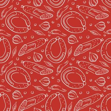 Seamless pattern with line art style sausage, garlic, chili pepper, herbs and Stock Illustration