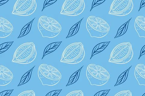 Seamless pattern with line art style lemon on blue background. Perfect for Stock Illustration