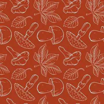 Seamless pattern of line art style mushroom fly agaric, Boletus, Chanterelle and Stock Illustration
