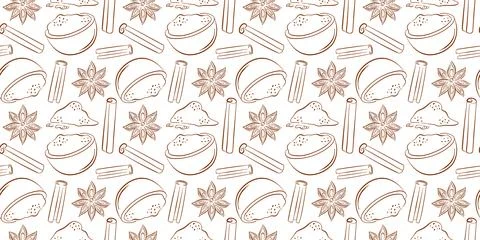 Seamless pattern with line art style cinnamon stick, star anise, spice powder in Stock Illustration
