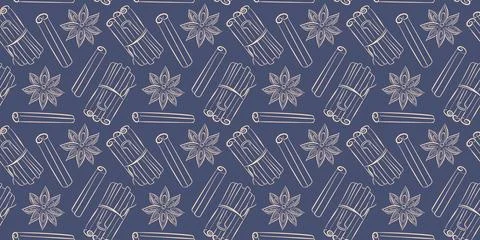 Seamless pattern with line art style cinnamon stick and star anise on a dark Stock Illustration
