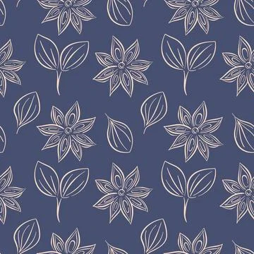 Seamless pattern with line art style star anise and leaf on a dark blue Stock Illustration