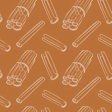 Seamless pattern with line art style cinnamon stick, bundle on warm brown Stock Illustration