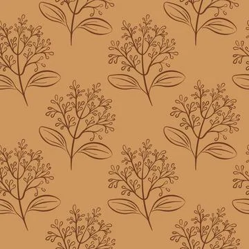 Seamless pattern with line art style cinnamon plant branch and leaf for spice Stock Illustration