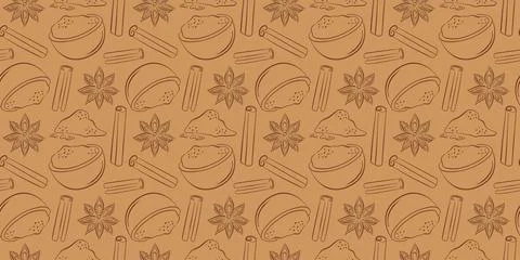 Seamless pattern of line art style spices cinnamon stick, star anise and bowl Stock Illustration