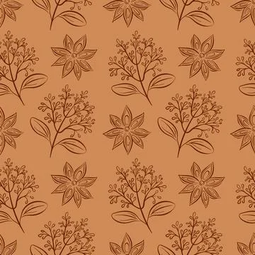 Seamless pattern with line art style branch and star anise flower for spice Stock Illustration