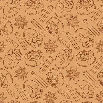 Seamless pattern with line art style cinnamon roll, stick, coffee cup and star Stock Illustration