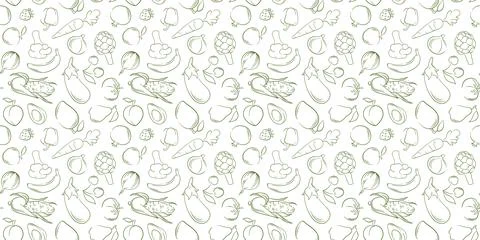 Seamless pattern with line art style fruit and vegetable on white background イラスト素材