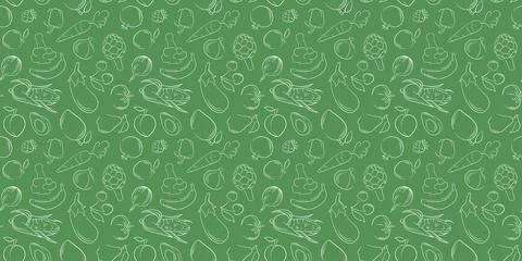 Seamless pattern with line art style fruit and vegetable on green background Stock Illustration