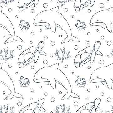 Seamless pattern of line art style dolphin, turtle, coral and bubble on a white Stock Illustration