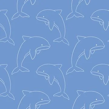 Seamless pattern in line art style with playful dolphin swimming in a repeating Stock Illustration