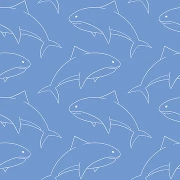 Seamless pattern in line art style with shark swimming on a blue background for Stock Illustration