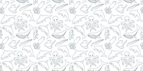 Seamless pattern in line art style with humpback whale, shark, stingray, octopus 스톡 일러스트
