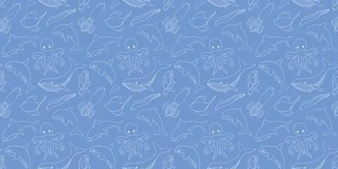 Seamless pattern in line art style with underwater animal, whale, shark Stock Illustration