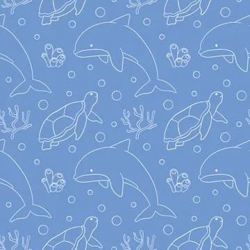 Seamless pattern of line art style dolphin, turtle, coral and bubble on a blue Stock Illustration