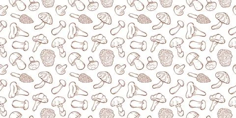 Seamless pattern with line art style edible mushroom. Autumn forest food Illustrazione stock