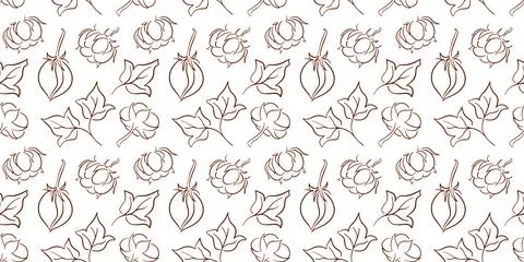 Seamless pattern with line art style cotton plant flower and leaf. Organic Stock Illustration
