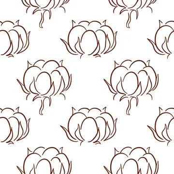 Seamless pattern with line art style cotton plant flower. Elegant organic floral Stock Illustration