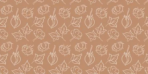 Seamless pattern with line art style cotton plant flower and leaf element Stock Illustration