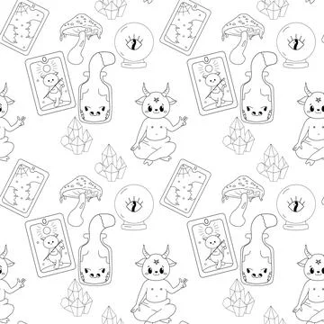 Seamless pattern, line art, tarot cards, ocultism magic Stock Illustration