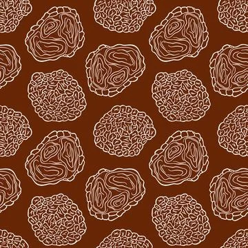 Seamless pattern of line art Truffle mushroom on a brown background. Ideal for Stock Illustration