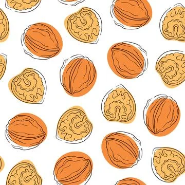 Seamless pattern of line art walnuts on white background. Design for nut Illustrazione stock