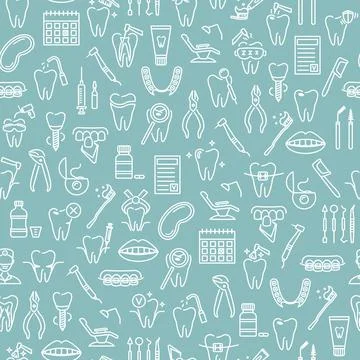 Seamless pattern with line dentistry icons. Dental flat vector elements. Illustrazione stock