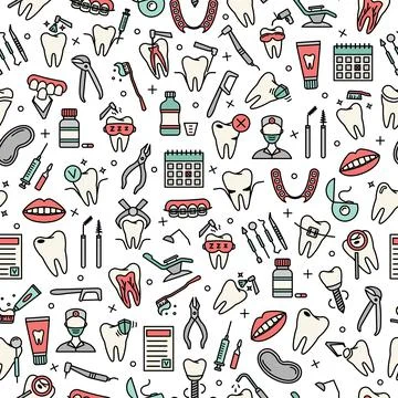 Seamless pattern with line dentistry icons. Dental flat vector elements. Stockillustratie