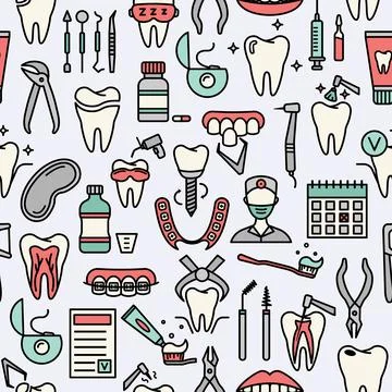 Seamless pattern with line dentistry icons. Dental flat vector elements. Illustrazione stock