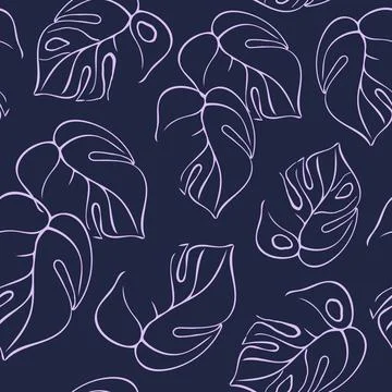 Seamless pattern with line drawing Monstera leaves Stock Illustration