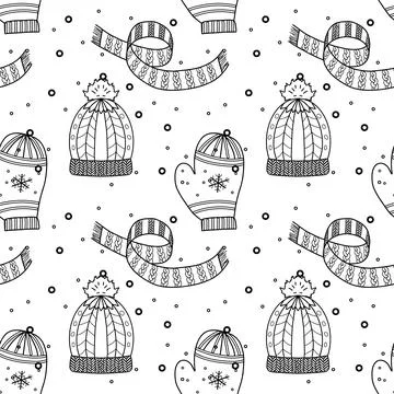 Seamless pattern. Line drawing of winter symbols. Stock Illustration
