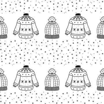 Seamless pattern. Line drawing of winter symbols. Stock Illustration
