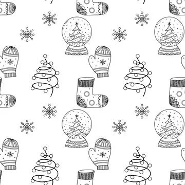 Seamless pattern. Line drawing of winter symbols. Stock Illustration