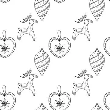 Seamless pattern. Line drawing of winter symbols. Christmas tree decorations Stock Illustration
