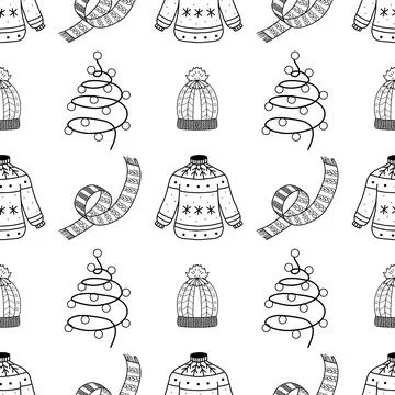 Seamless pattern. Line drawing of winter symbols. Stock Illustration