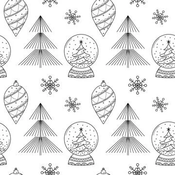 Seamless pattern. Line drawing of winter symbols. Stock Illustration