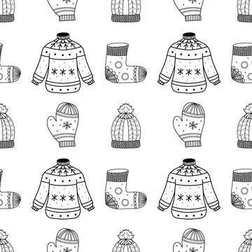 Seamless pattern. Line drawing of winter symbols. Stock Illustration