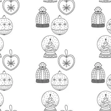 Seamless pattern. Line drawing of winter symbols. Christmas tree decorations Stock Illustration