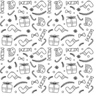 Seamless pattern. Line drawing of winter symbols. Stock Illustration